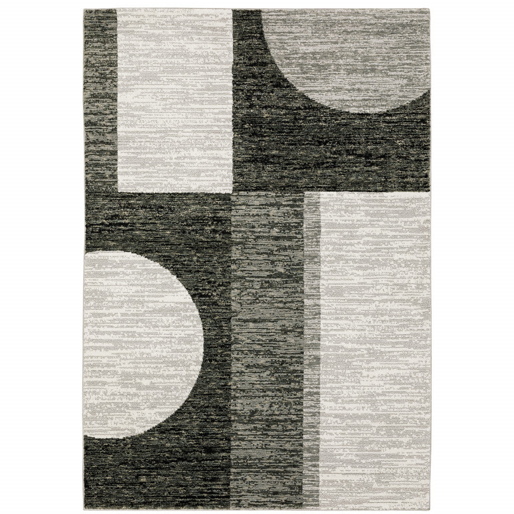 9' X 12' Charcoal Grey And Ivory Geometric Power Loom Stain Resistant Area Rug