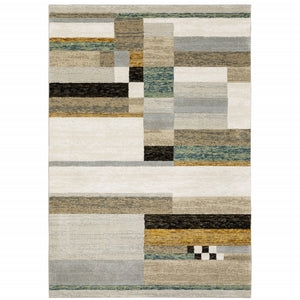 10' X 13' Beige Gold Black Grey Tan Teal And Rust Geometric Power Loom Area Rug