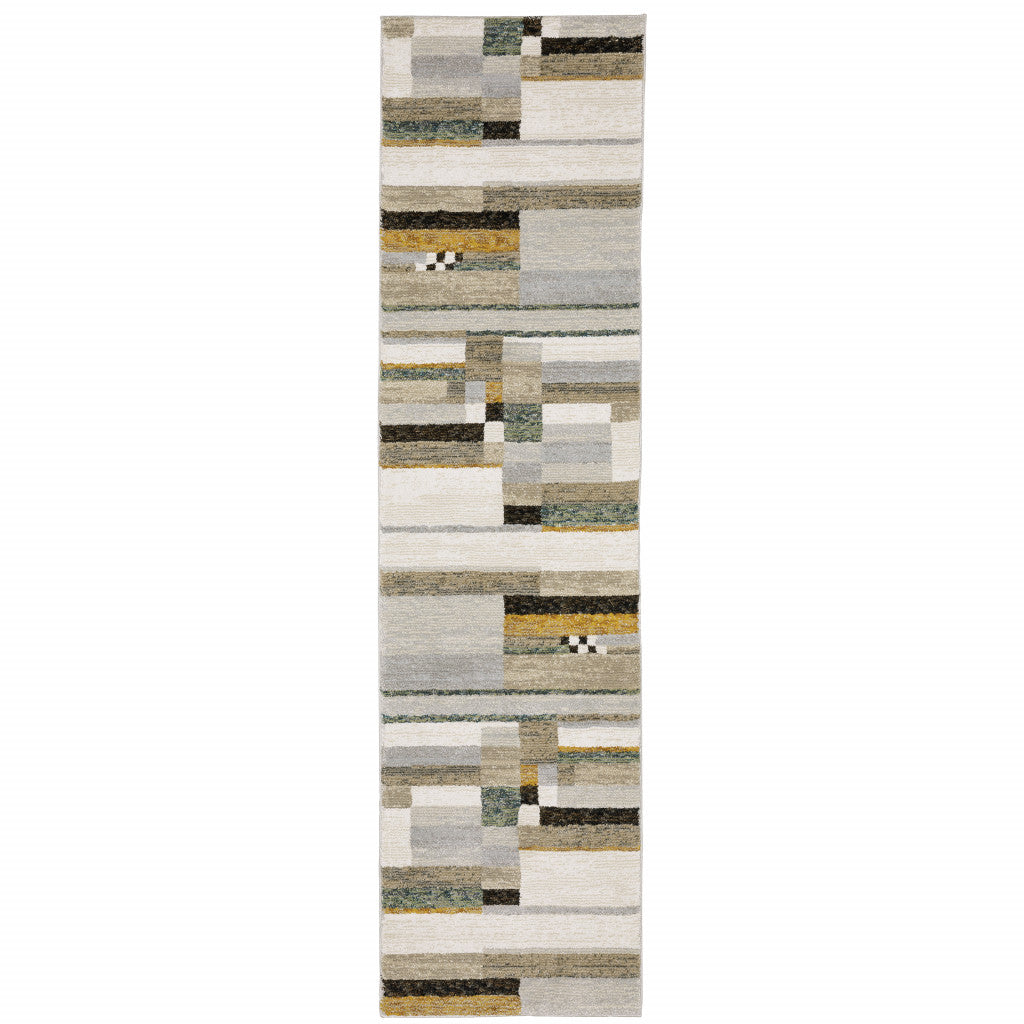 2' X 8' Beige Gold Black Grey Tan Teal And Rust Geometric Power Loom Stain Resistant Runner Rug