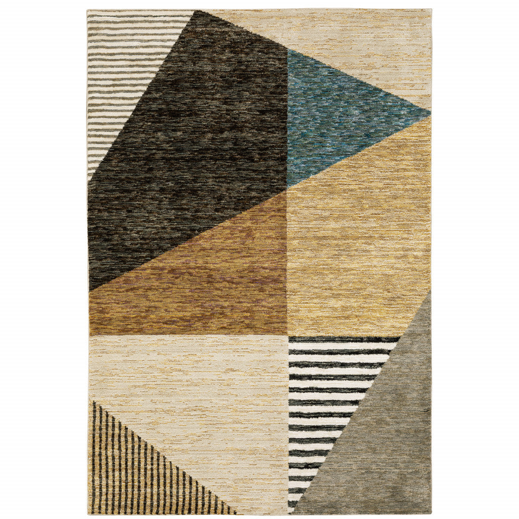 6' X 9' Gold Brown Blue Charcoal Rust And Beige Geometric Power Loom Stain Resistant Area Rug