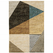 9' X 12' Gold Brown Blue Charcoal Rust And Beige Geometric Power Loom Stain Resistant Area Rug