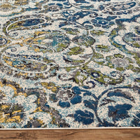 8' Ivory Blue And Green Floral Stain Resistant Runner Rug