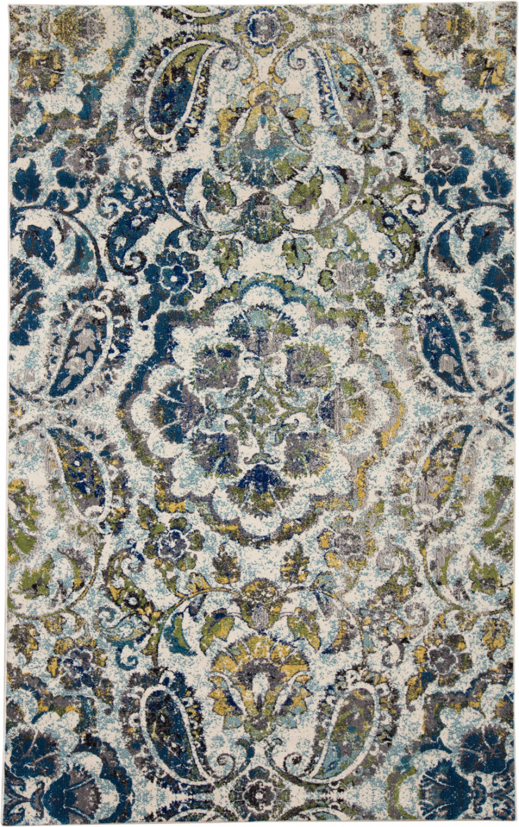 2' X 3' Ivory Blue And Green Floral Stain Resistant Area Rug