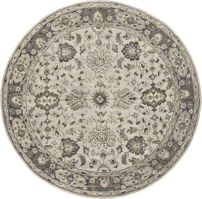 10' Gray Ivory And Taupe Round Wool Floral Tufted Handmade Stain Resistant Area Rug