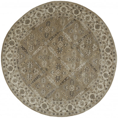 10' Green Brown And Taupe Round Wool Paisley Tufted Handmade Stain Resistant Area Rug