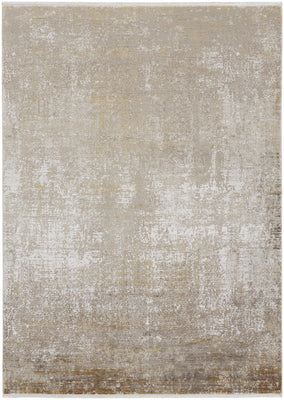 3' X 5' Taupe Ivory And Gold Abstract Power Loom Distressed Area Rug With Fringe