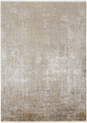 3' X 5' Taupe Ivory And Gold Abstract Power Loom Distressed Area Rug With Fringe