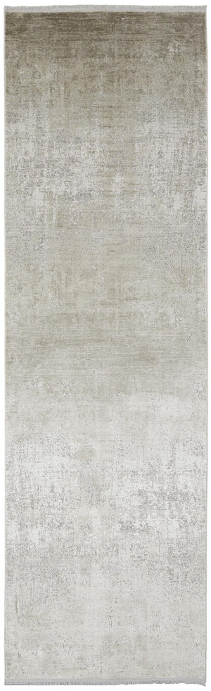 3' X 10' Tan Ivory And Gray Abstract Power Loom Distressed Runner Rug With Fringe