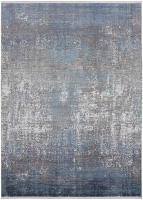 3' X 5' Blue Gray And Silver Abstract Power Loom Distressed Area Rug With Fringe