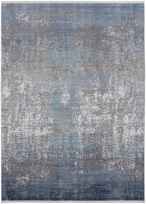 7' X 10' Blue Gray And Silver Abstract Power Loom Distressed Area Rug With Fringe