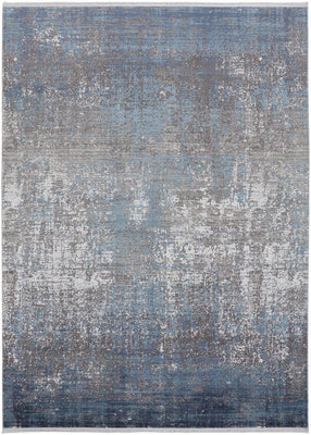 10' X 13' Blue Gray And Silver Abstract Power Loom Distressed Area Rug With Fringe