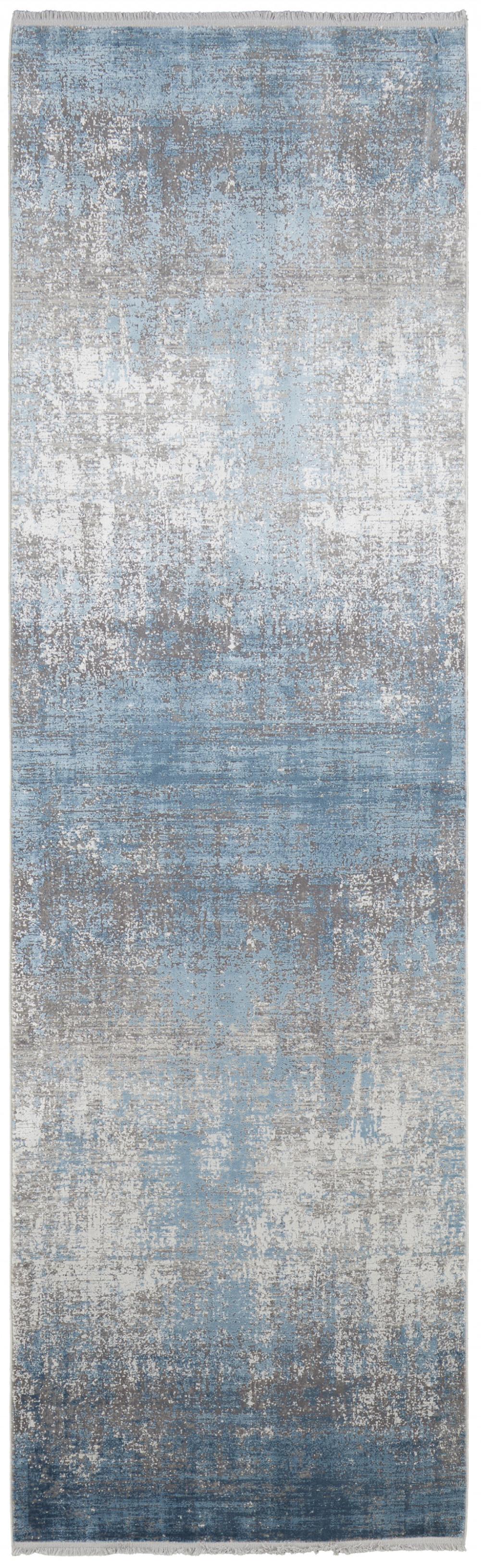 3' X 10' Blue Gray And Silver Abstract Power Loom Distressed Runner Rug With Fringe