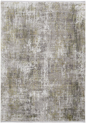 8' X 11' Green Gray And Ivory Abstract Area Rug With Fringe