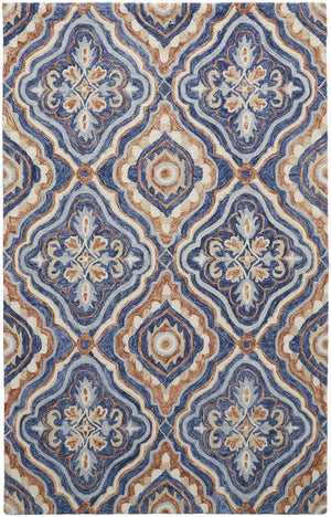 8' X 10' Blue Orange And Ivory Wool Floral Tufted Handmade Stain Resistant Area Rug