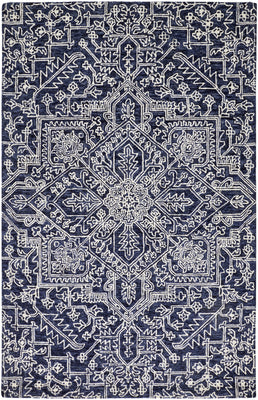 5' X 8' Blue And Ivory Wool Floral Tufted Handmade Stain Resistant Area Rug