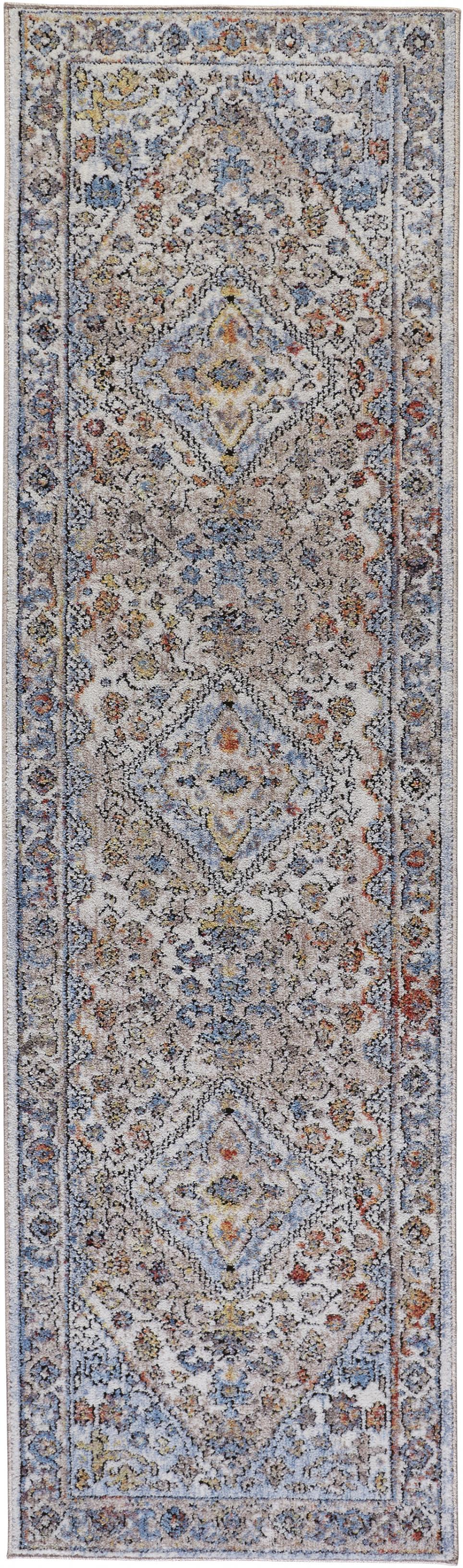 8' Taupe Blue And Gray Floral Stain Resistant Runner Rug