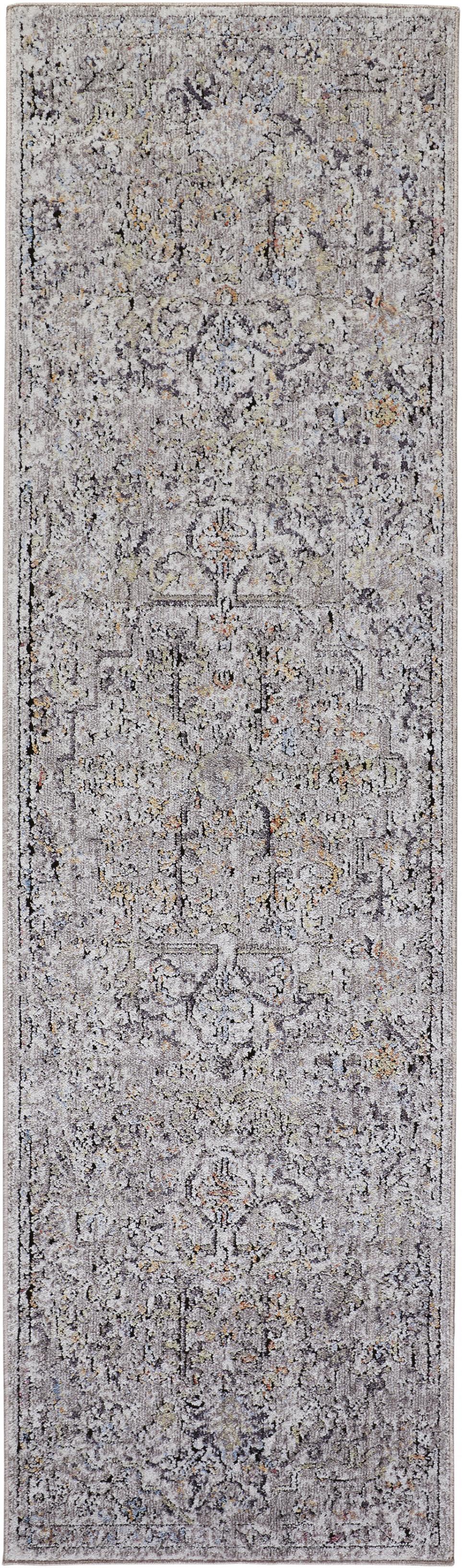 8' Gray Taupe And Yellow Abstract Stain Resistant Runner Rug