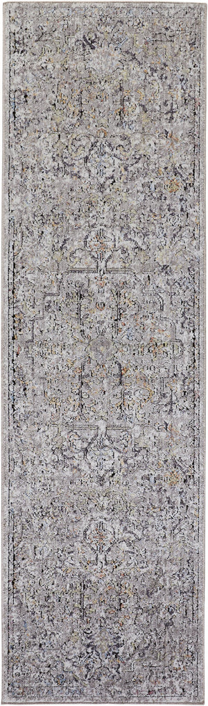 8' Gray Taupe And Yellow Abstract Stain Resistant Runner Rug