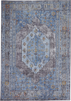 7' X 10' Blue Gray And Gold Floral Stain Resistant Area Rug