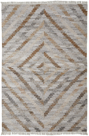 4' X 6' Ivory Gray And Tan Geometric Hand Woven Stain Resistant Area Rug With Fringe