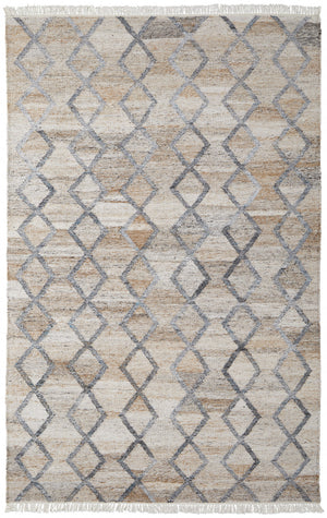 5' X 8' Gray Ivory And Tan Geometric Hand Woven Stain Resistant Area Rug With Fringe