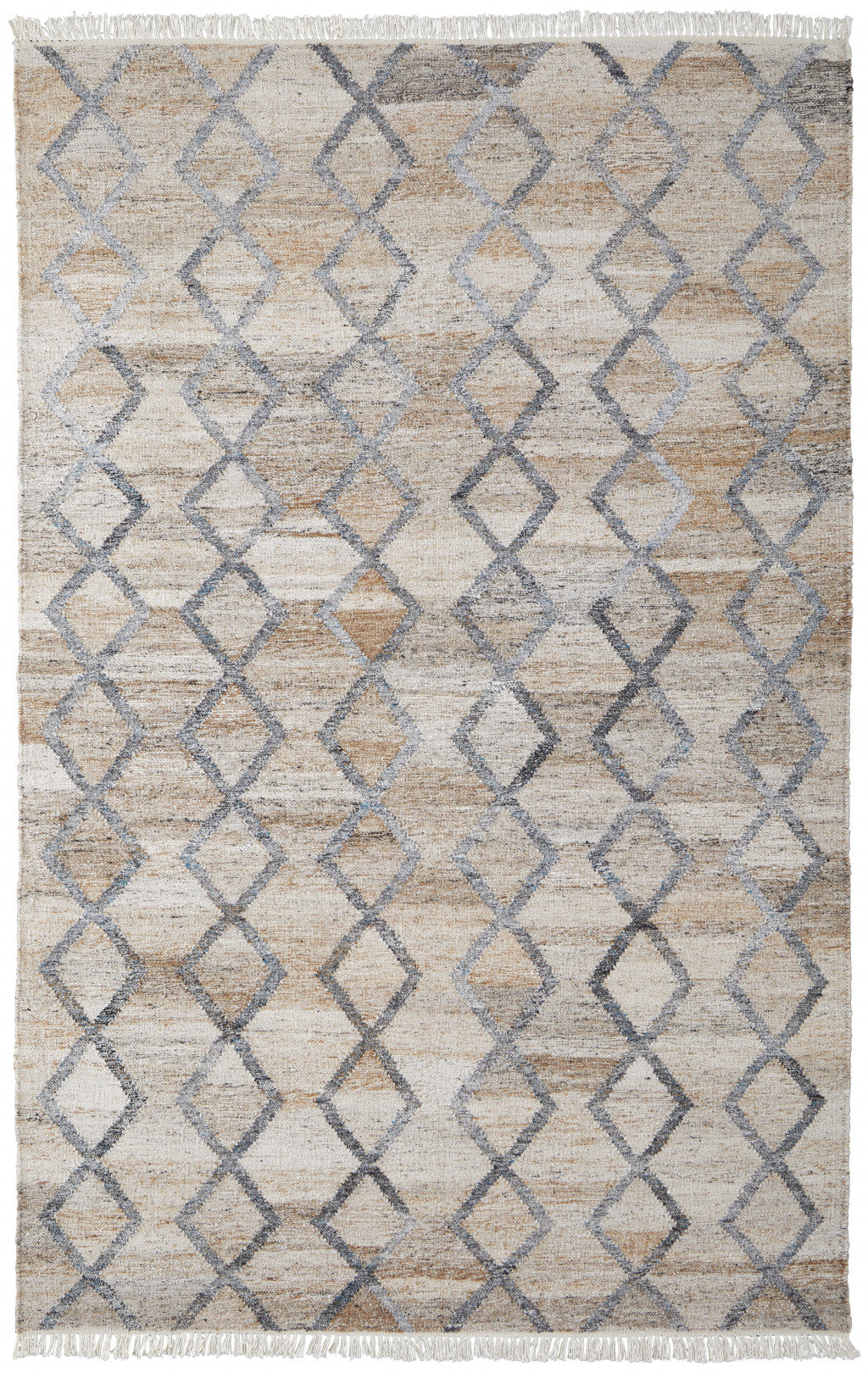 8' X 10' Gray Ivory And Tan Geometric Hand Woven Stain Resistant Area Rug With Fringe