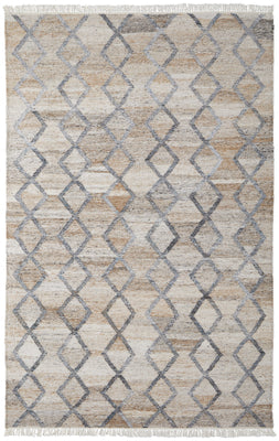 10' X 13' Gray Ivory And Tan Geometric Hand Woven Stain Resistant Area Rug With Fringe