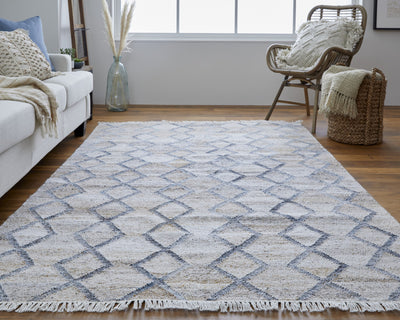 2' X 3' Gray Ivory And Tan Geometric Hand Woven Stain Resistant Area Rug With Fringe