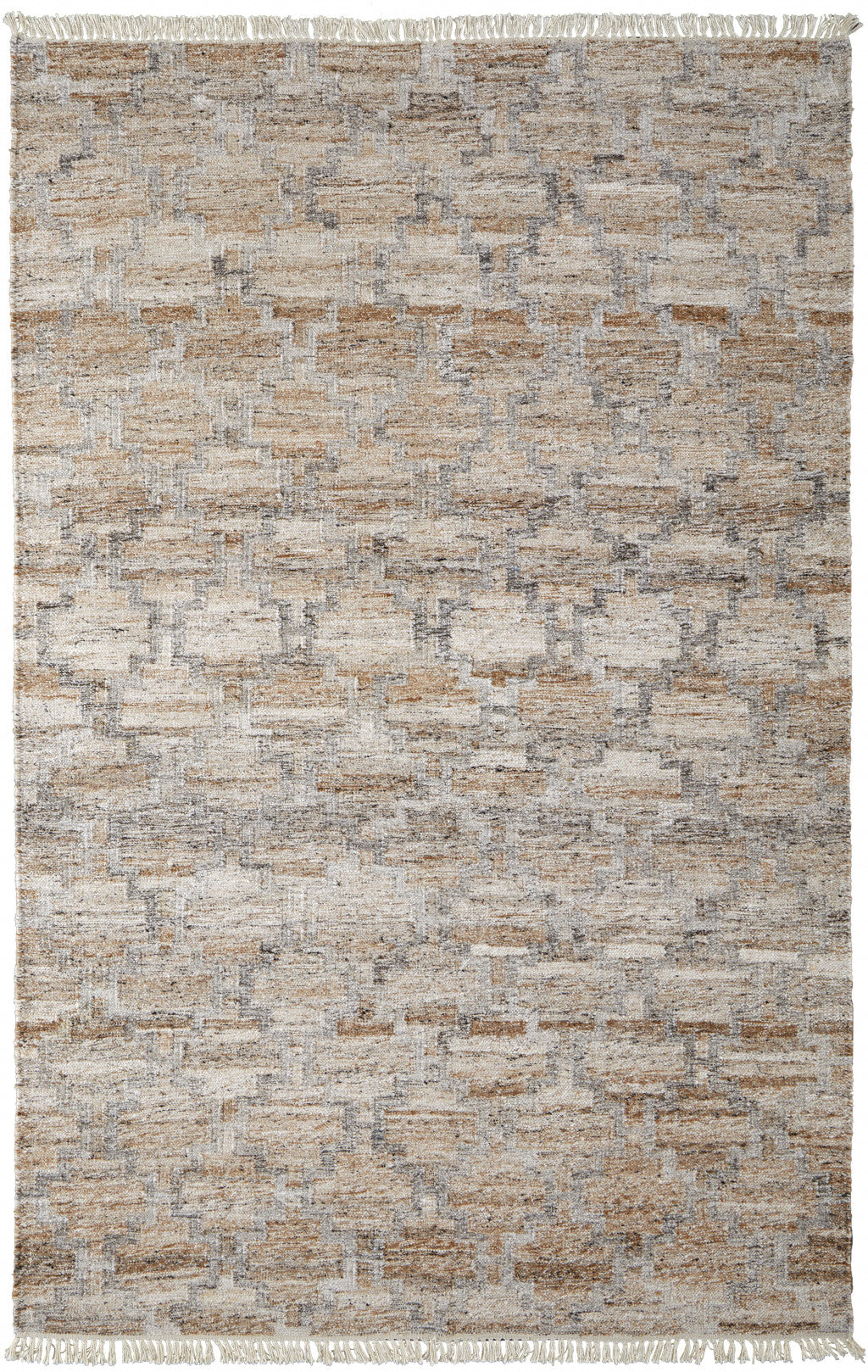 5' X 8' Tan Gray And Ivory Geometric Hand Woven Stain Resistant Area Rug With Fringe