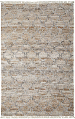 9' X 12' Tan Gray And Ivory Geometric Hand Woven Stain Resistant Area Rug With Fringe