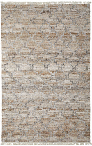 9' X 12' Tan Gray And Ivory Geometric Hand Woven Stain Resistant Area Rug With Fringe