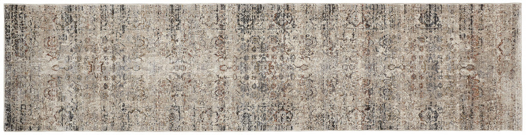 8' Taupe Ivory And Gray Abstract Distressed Runner Rug With Fringe