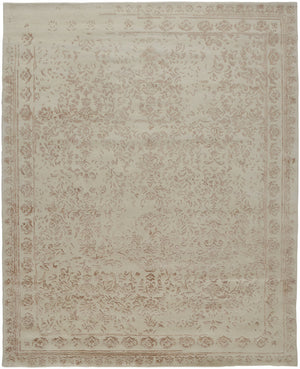 5' X 8' Ivory Tan And Pink Wool Floral Tufted Handmade Distressed Area Rug