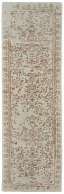 8' Ivory Tan And Pink Wool Floral Tufted Handmade Distressed Runner Rug