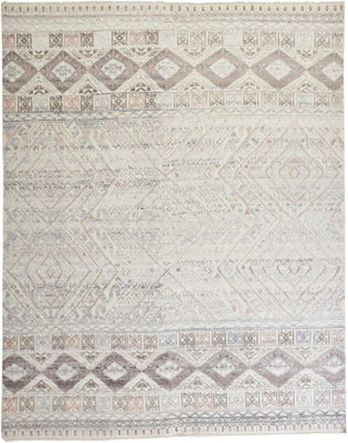 5' X 8' Gray Ivory And Pink Geometric Hand Knotted Area Rug