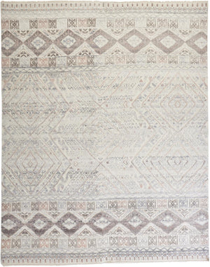 5' X 8' Gray Ivory And Pink Geometric Hand Knotted Area Rug