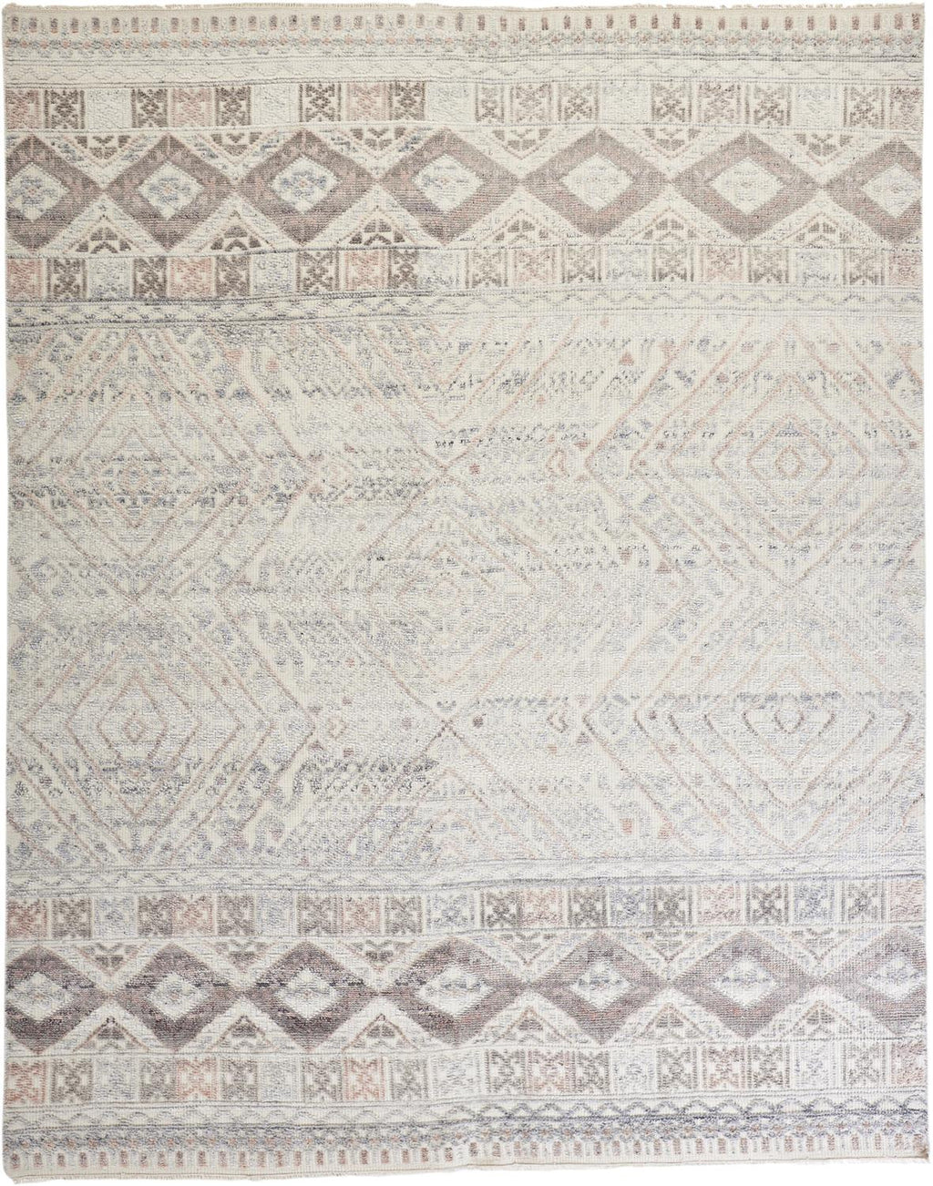 9' X 12' Gray Ivory And Pink Geometric Hand Knotted Area Rug