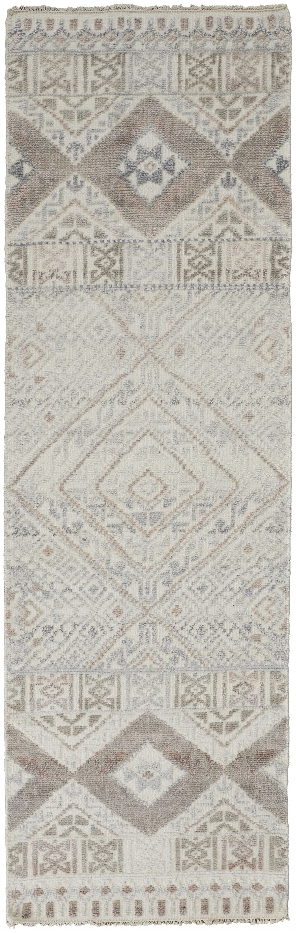 10' Gray Ivory And Pink Geometric Hand Knotted Runner Rug