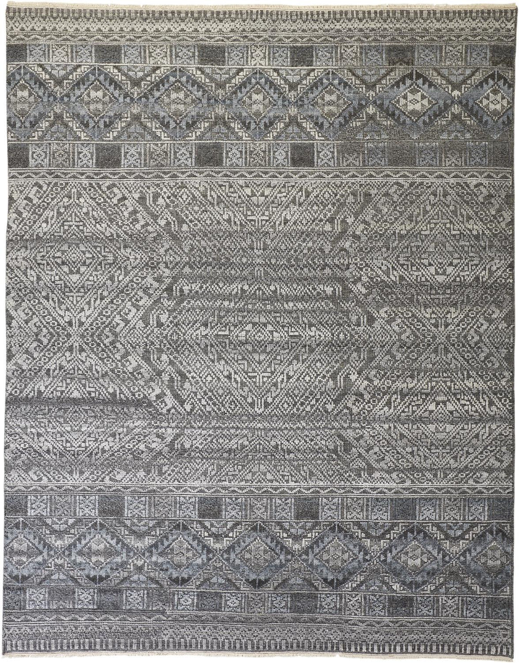 4' X 6' Gray Ivory And Blue Geometric Hand Knotted Area Rug