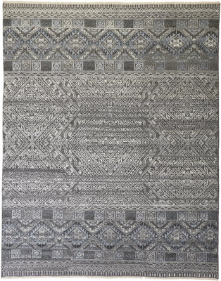 8' X 10' Gray Ivory And Blue Geometric Hand Knotted Area Rug