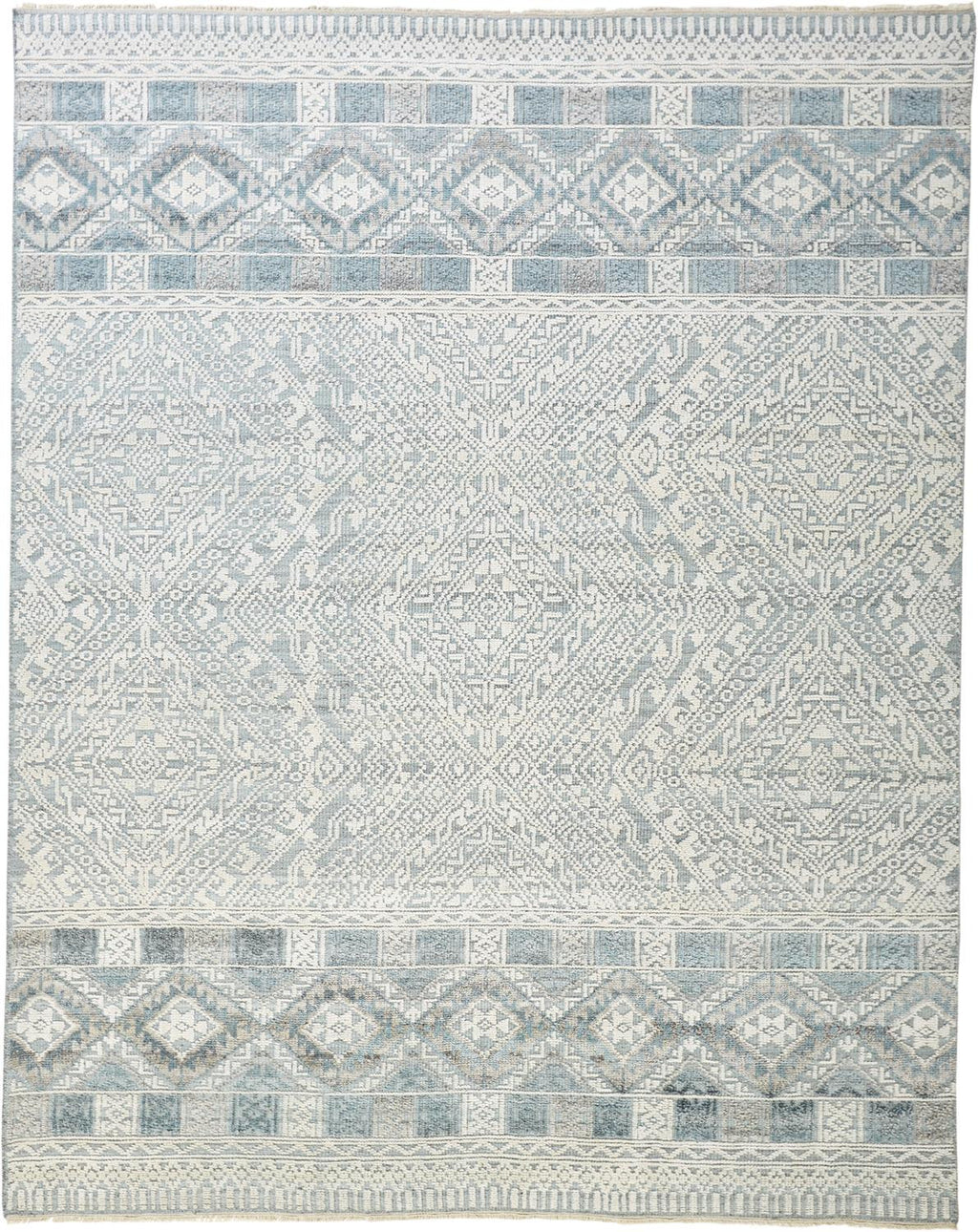 4' X 6' Ivory Blue And Gray Geometric Hand Knotted Area Rug