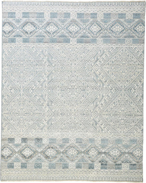 4' X 6' Ivory Blue And Gray Geometric Hand Knotted Area Rug