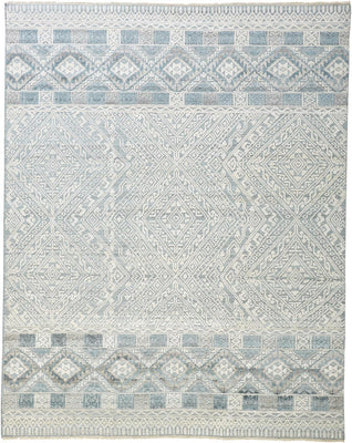 5' X 8' Ivory Blue And Gray Geometric Hand Knotted Area Rug