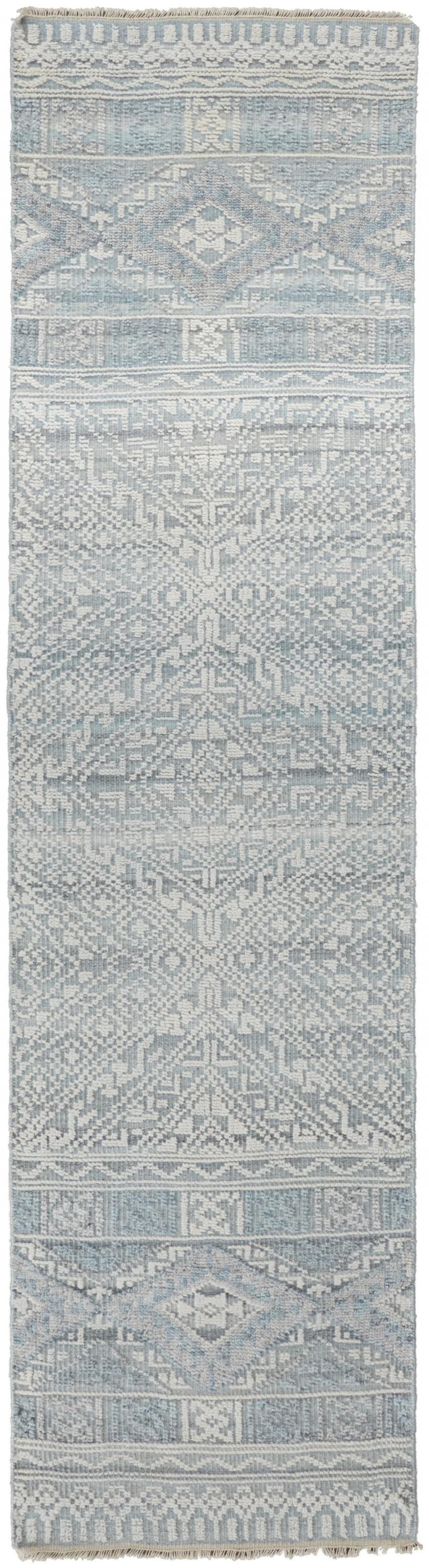 10' Ivory Blue And Gray Geometric Hand Knotted Runner Rug