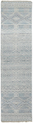 10' Ivory Blue And Gray Geometric Hand Knotted Runner Rug
