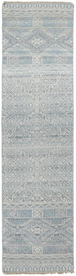 8' Ivory Blue And Gray Geometric Hand Knotted Runner Rug