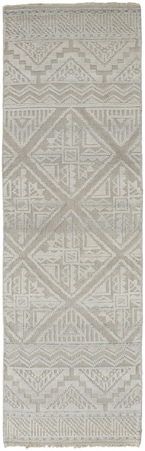 10' Ivory Tan And Gray Geometric Hand Knotted Runner Rug