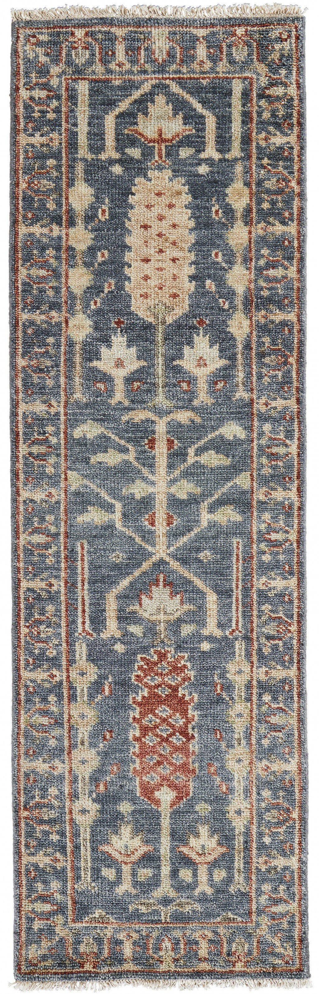 8' Gray Gold And Red Wool Floral Hand Knotted Stain Resistant Runner Rug With Fringe