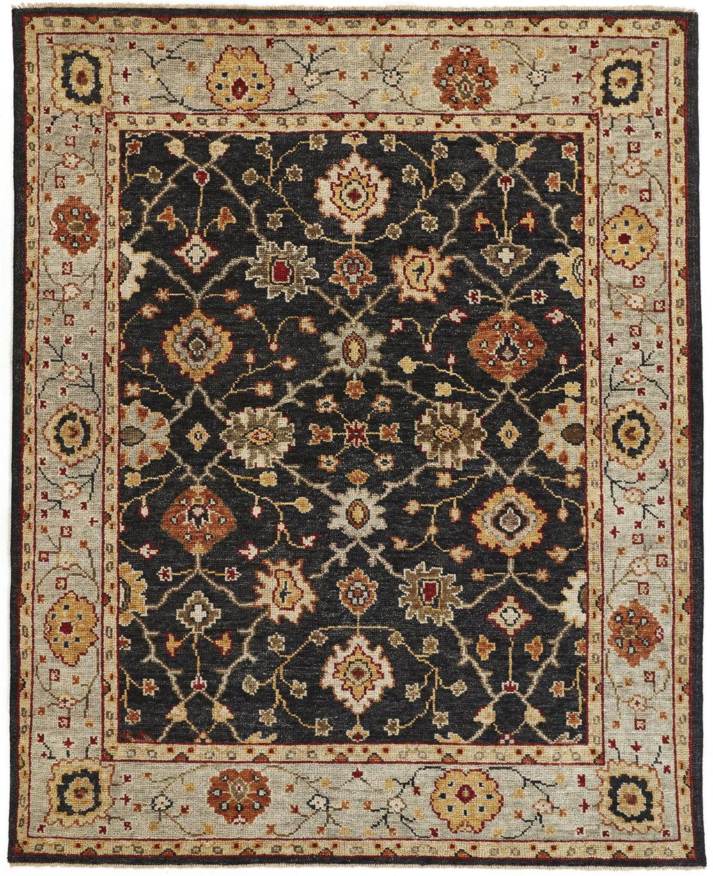 12' X 15' Black Gold And Gray Wool Floral Hand Knotted Stain Resistant Area Rug With Fringe