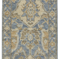 8' Blue Gold And Tan Wool Floral Hand Knotted Stain Resistant Runner Rug With Fringe